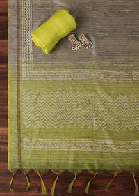Lime Green Batik Print With Gotta Patti Embroidery Tussar Unstitch Dress Material