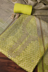 Lime Green Batik Print With Gotta Patti Embroidery Tussar Unstitch Dress Material