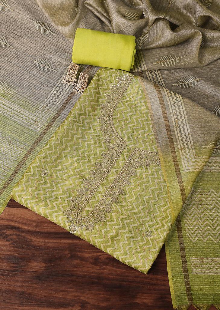 Lime Green Batik Print With Gotta Patti Embroidery Tussar Unstitch Dress Material