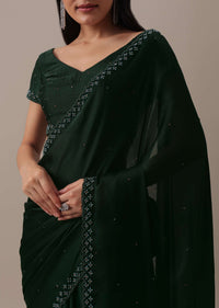 Green Bead Embellished Satin Saree