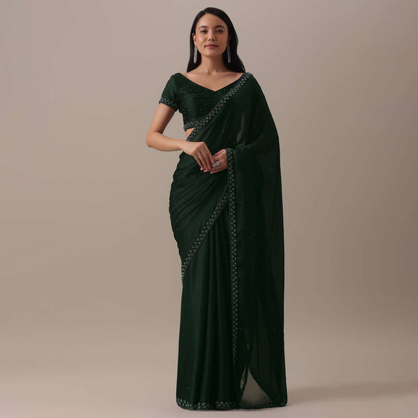 Green Bead Embellished Satin Saree