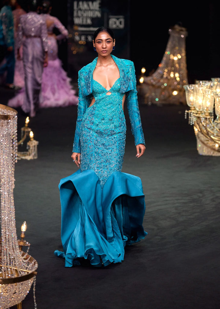 Green Blue Ombre Zardosi Fishcut Draped Gown