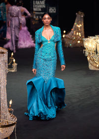 Green Blue Ombre Zardosi Fishcut Draped Gown