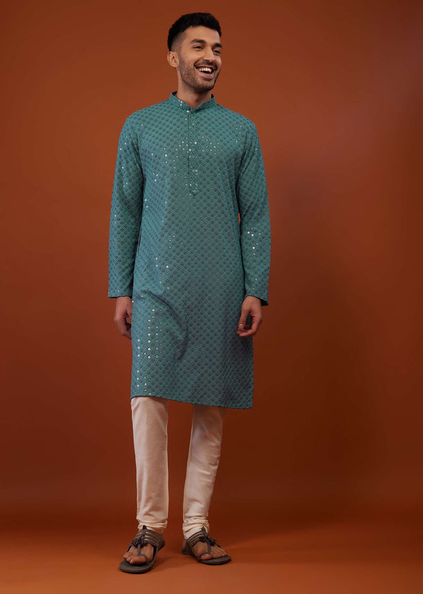 Peacock Green Embroidered Kurta Set In Lucknowi