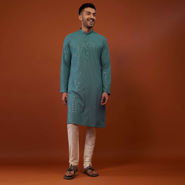 Peacock Green Embroidered Kurta Set In Lucknowi