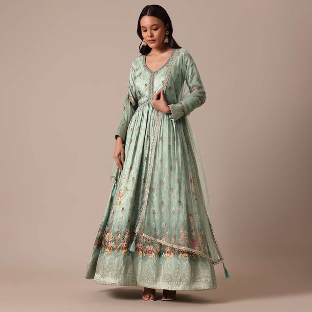 Green Brocade Anarkali With Net Dupatta