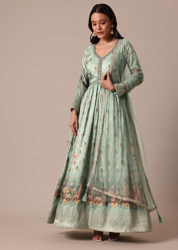 Green Brocade Anarkali With Net Dupatta