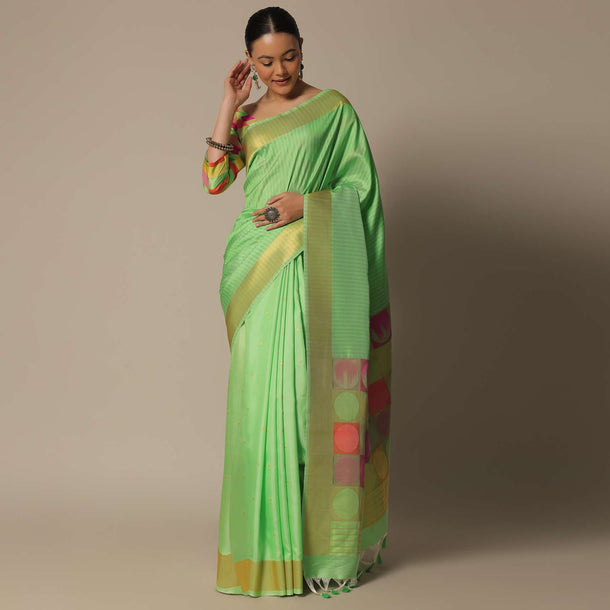 Green Brocade Silk Saree With Contrast Border Pallu