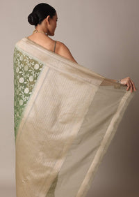 Green Chanderi Cotton Saree With Zari Floral Motifs And Unstitched Blouse Piece
