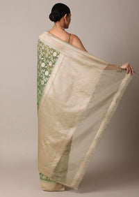 Green Chanderi Cotton Saree With Zari Floral Motifs And Unstitched Blouse Piece