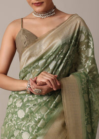 Green Chanderi Cotton Saree With Zari Floral Motifs And Unstitched Blouse Piece