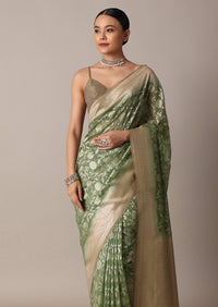 Green Chanderi Cotton Saree With Zari Floral Motifs And Unstitched Blouse Piece