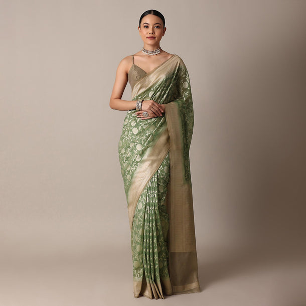 Green Chanderi Cotton Saree With Zari Floral Motifs And Unstitched Blouse Piece