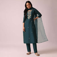 Green Chanderi Kurta Set with Organza Dupatta