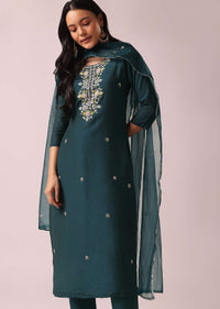 Green Chanderi Kurta Set with Organza Dupatta