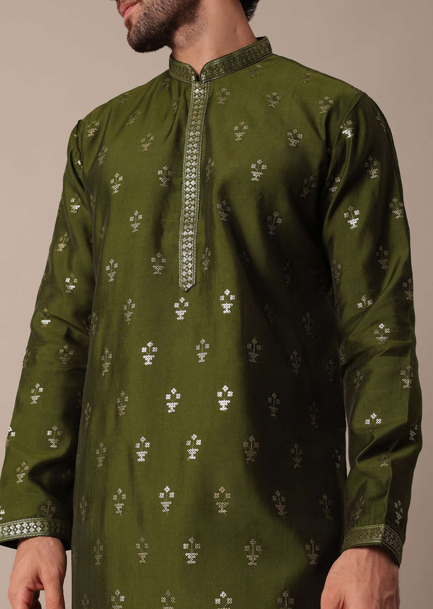 Green Chanderi Men Kurta Set