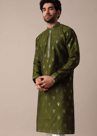 Green Chanderi Men Kurta Set