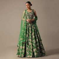 Green Chanderi Printed Lehenga Set