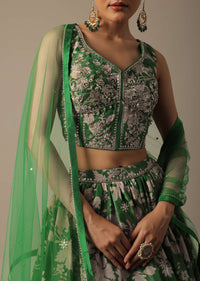 Green Chanderi Printed Lehenga Set