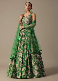 Green Chanderi Printed Lehenga Set