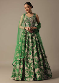 Green Chanderi Printed Lehenga Set