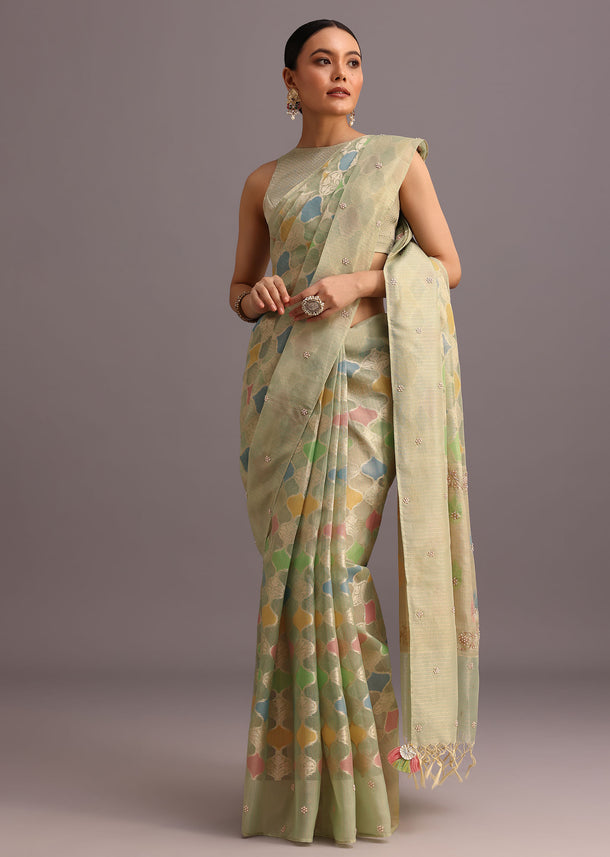 Green Chanderi Tissue Zardosi Embroidered Saree With Unstitched Blouse