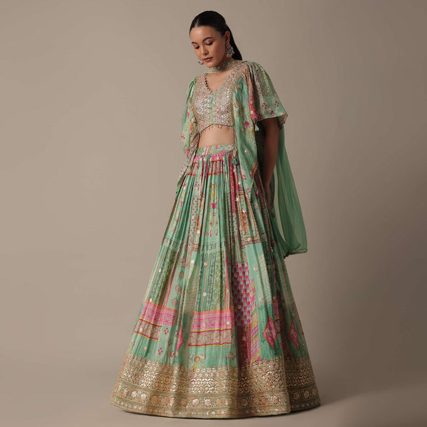 Green Chiffon Lehenga Choli Set With Gota Patti Work