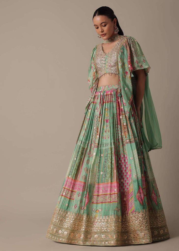 Green Chiffon Lehenga Choli Set With Gota Patti Work