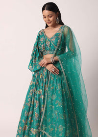 Green Chiffon Lehenga Set With Prints