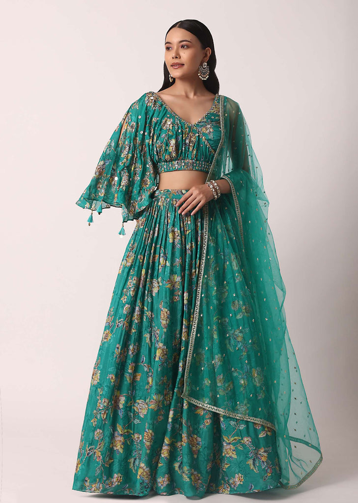 Green Chiffon Lehenga Set With Prints