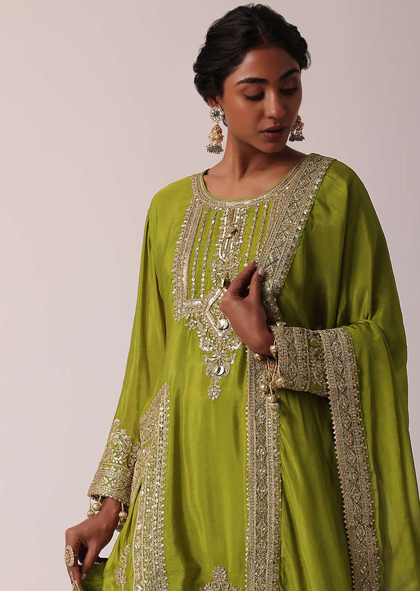 Green Chiffon Pant Set With Zardozi Work Kurta