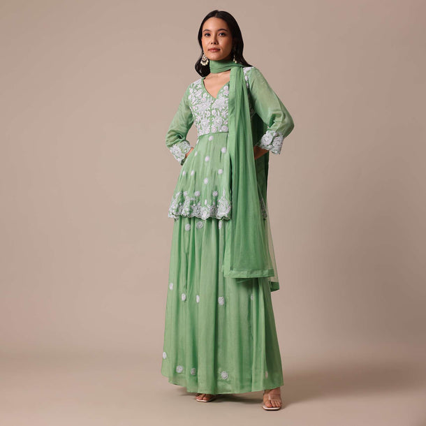 Green Chiffon Peplum Kurta Palazzo Set With Embroidery