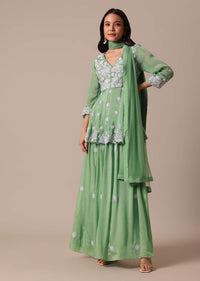Green Chiffon Peplum Kurta Palazzo Set With Embroidery