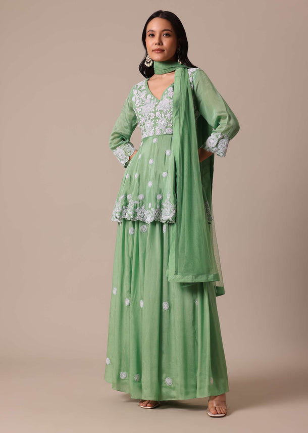 Green Chiffon Peplum Kurta Palazzo Set With Embroidery