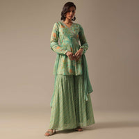 Green Chiffon Sharara Set With Printed Detail