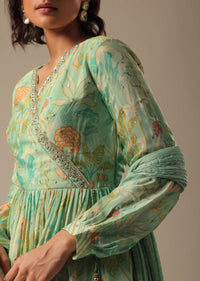 Green Chiffon Sharara Set With Printed Detail