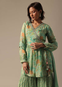 Green Chiffon Sharara Set With Printed Detail