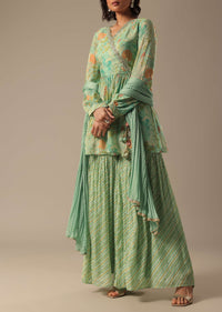 Green Chiffon Sharara Set With Printed Detail