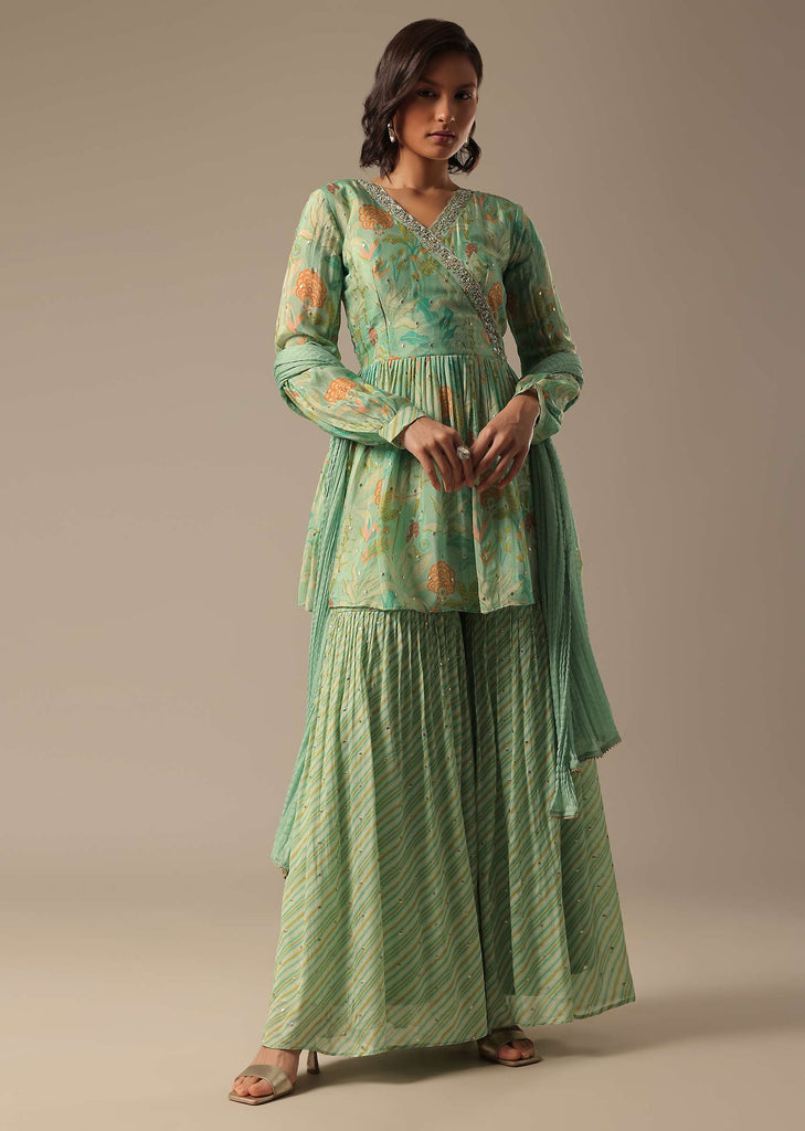 Green Chiffon Sharara Set With Printed Detail