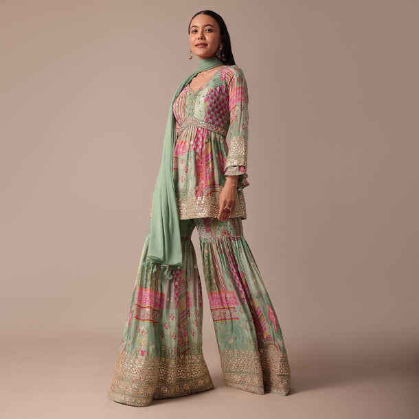 Green Chiffon Sharara Set With Printed Peplum Top