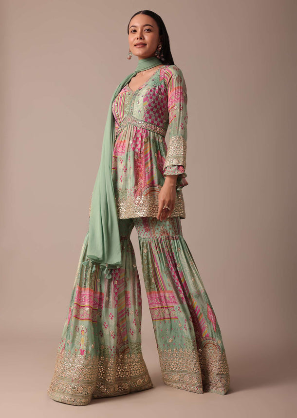 Green Chiffon Sharara Set With Printed Peplum Top