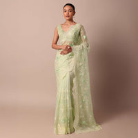 Green Chikankari Saree In Organza Silk With Resham Floral Jaal And Unstitched Blouse Fabric