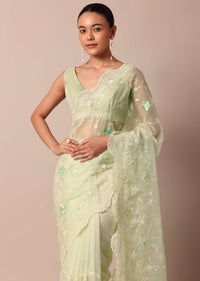 Green Chikankari Saree In Organza Silk With Resham Floral Jaal And Unstitched Blouse Fabric