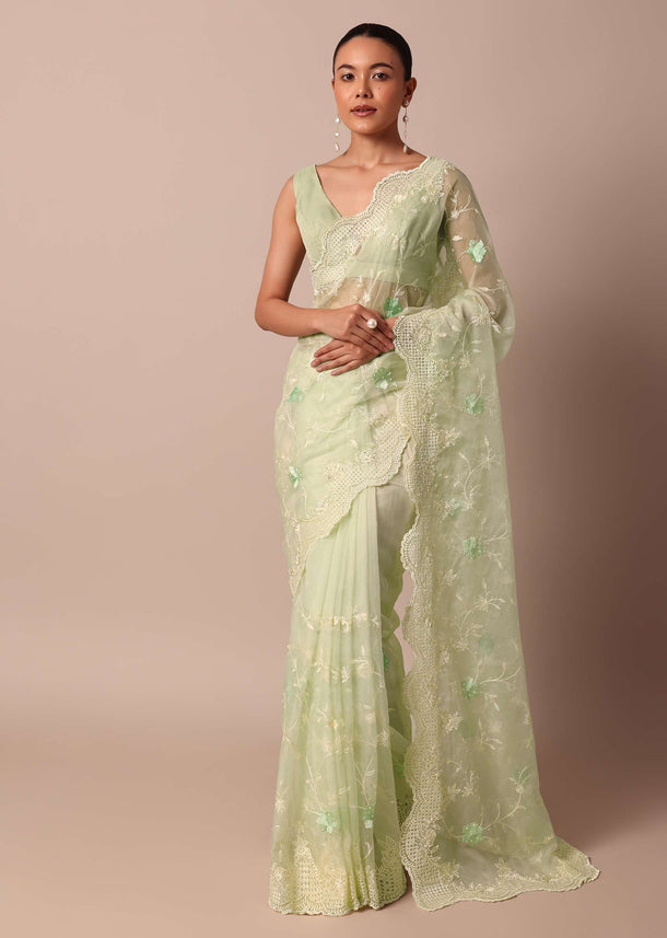 Green Chikankari Saree In Organza Silk With Resham Floral Jaal And Unstitched Blouse Fabric