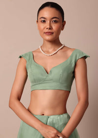 Green Chikankari Saree In Organza Silk With Sequin Scallop Border And Unstitched Blouse Fabric
