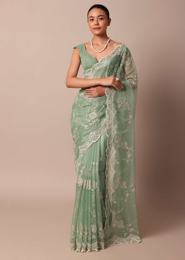 Green Chikankari Saree In Organza Silk With Sequin Scallop Border And Unstitched Blouse Fabric