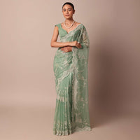Green Chikankari Saree In Organza Silk With Sequin Scallop Border And Unstitched Blouse Fabric