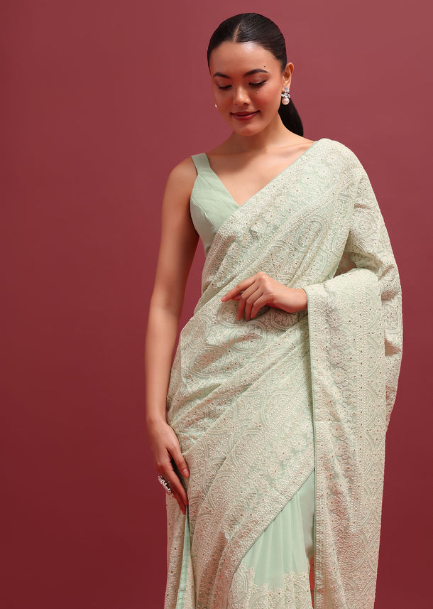 Green Chikankari Saree With Badla Work And Unstitched Blouse