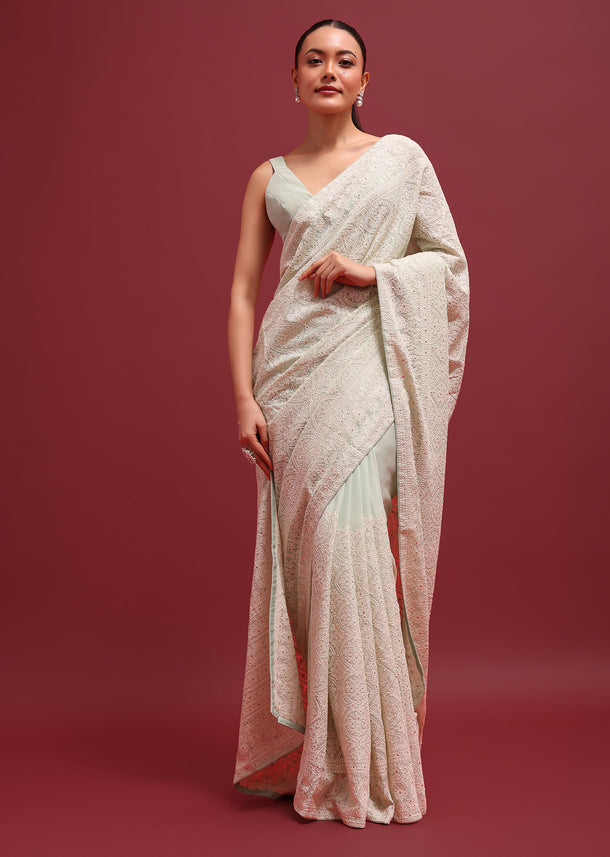 Green Chikankari Saree With Badla Work And Unstitched Blouse