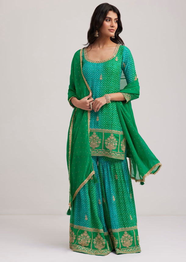 Green Chinon Bandhani Sharara Set